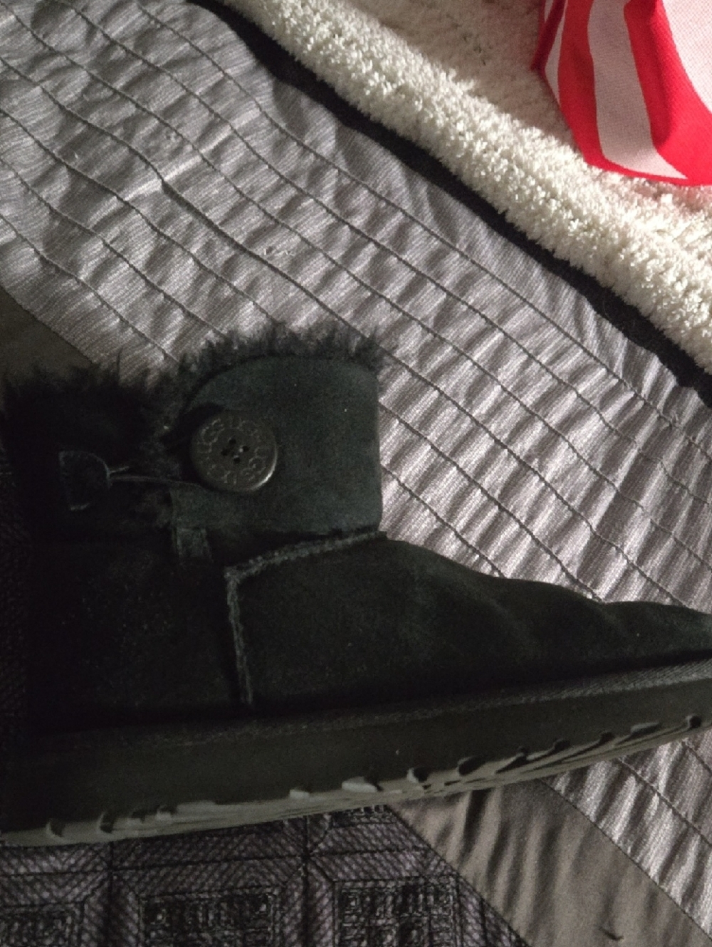 UGG Black Suede Shearling Cuff Button Short Boots